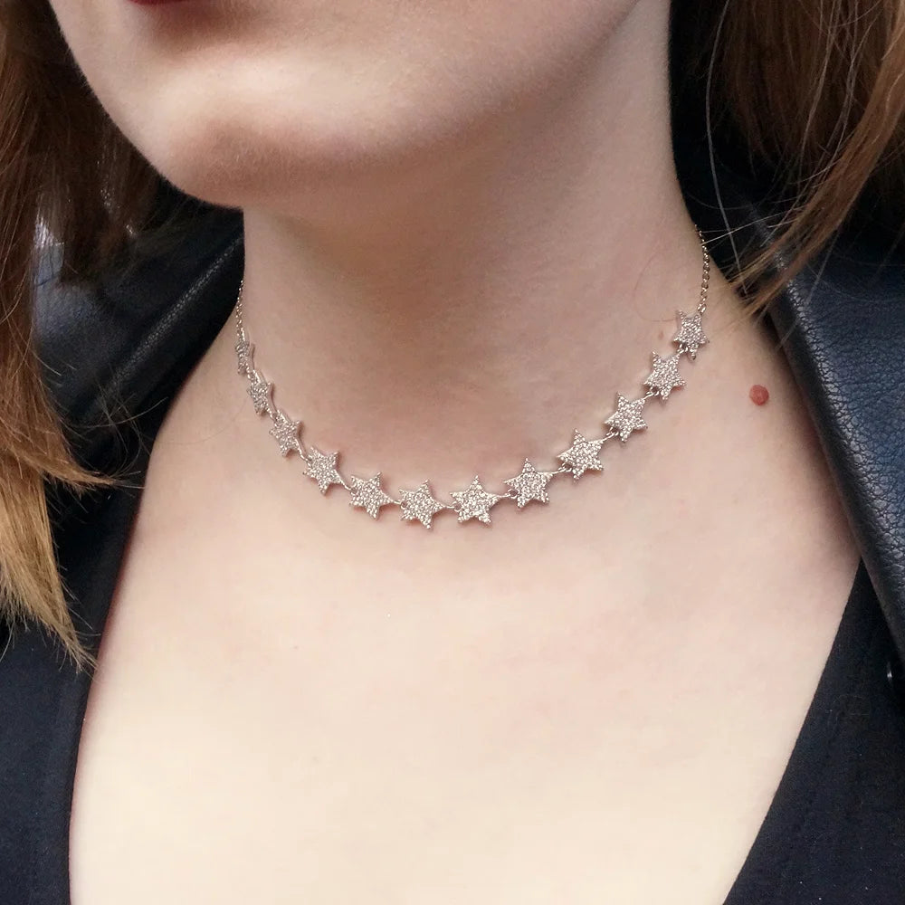 European Women Luxury Jewelry Micro Pave Cz Bling Sparking Star Charm Choker Luxury Wedding Gift Star Chocker Necklace for Women