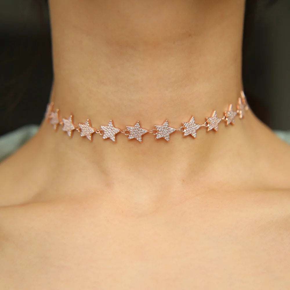 European Women Luxury Jewelry Micro Pave Cz Bling Sparking Star Charm Choker Luxury Wedding Gift Star Chocker Necklace for Women