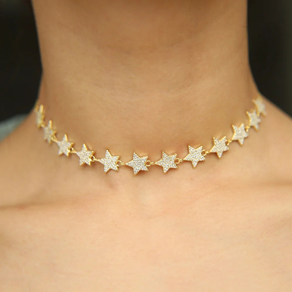 European Women Luxury Jewelry Micro Pave Cz Bling Sparking Star Charm Choker Luxury Wedding Gift Star Chocker Necklace for Women