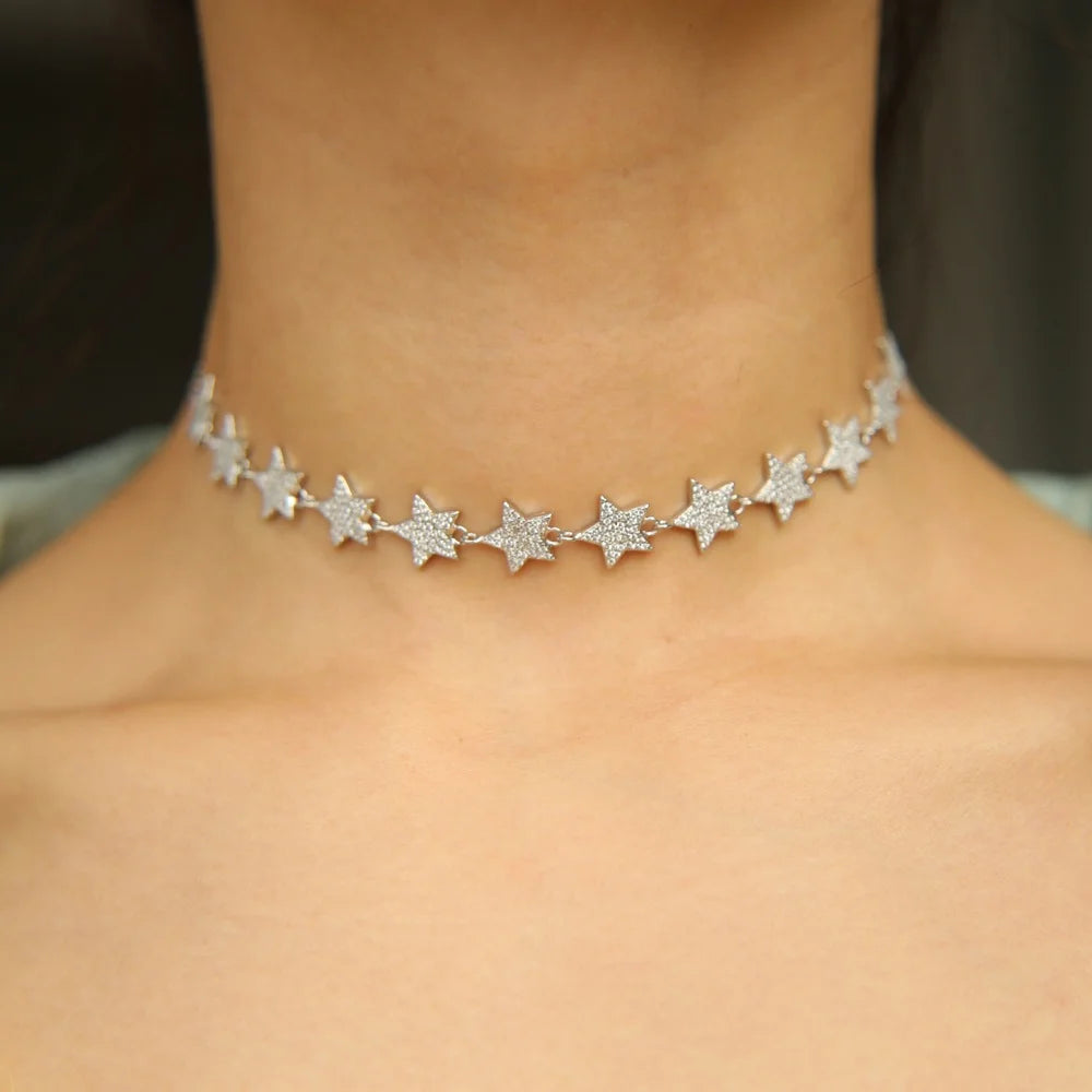 European Women Luxury Jewelry Micro Pave Cz Bling Sparking Star Charm Choker Luxury Wedding Gift Star Chocker Necklace for Women