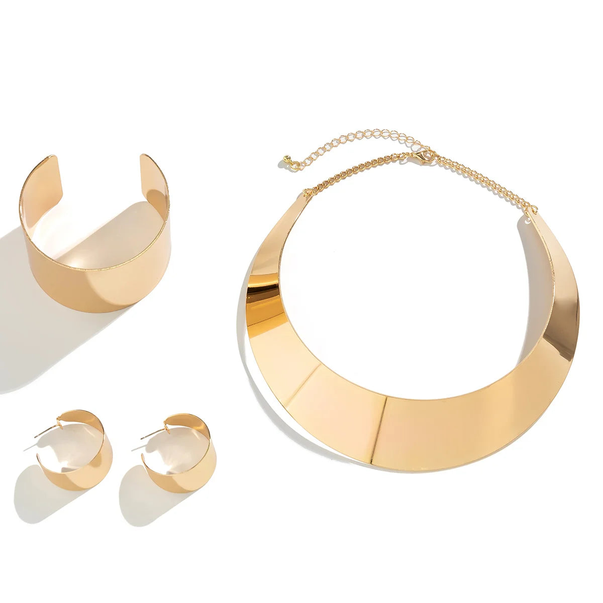 Exaggerated Wide Smooth Surface Metal Necklace/Earrings/Bracelet Set for Women Trendy African Collar Fashion Jewelry Accessories