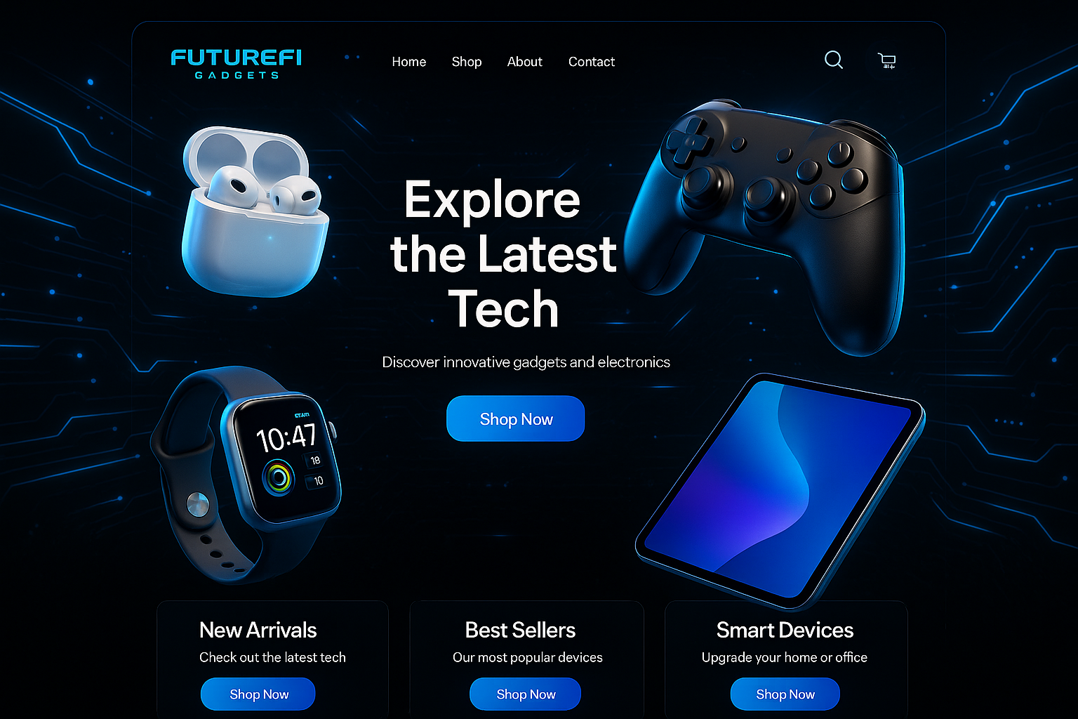 Sopify Store ke liye mujhe theme banakar do achcha sa animated or 3D Mera account ka naam FutureFI gadgets hai