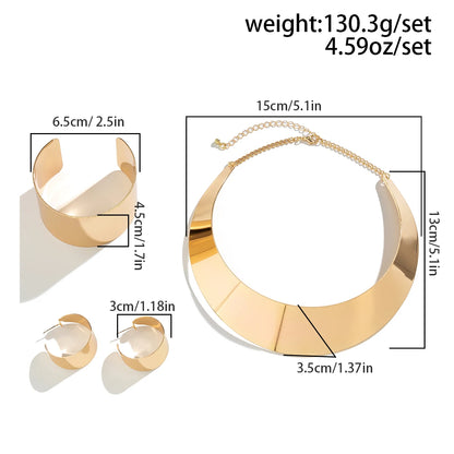 Exaggerated Wide Smooth Surface Metal Necklace/Earrings/Bracelet Set for Women Trendy African Collar Fashion Jewelry Accessories